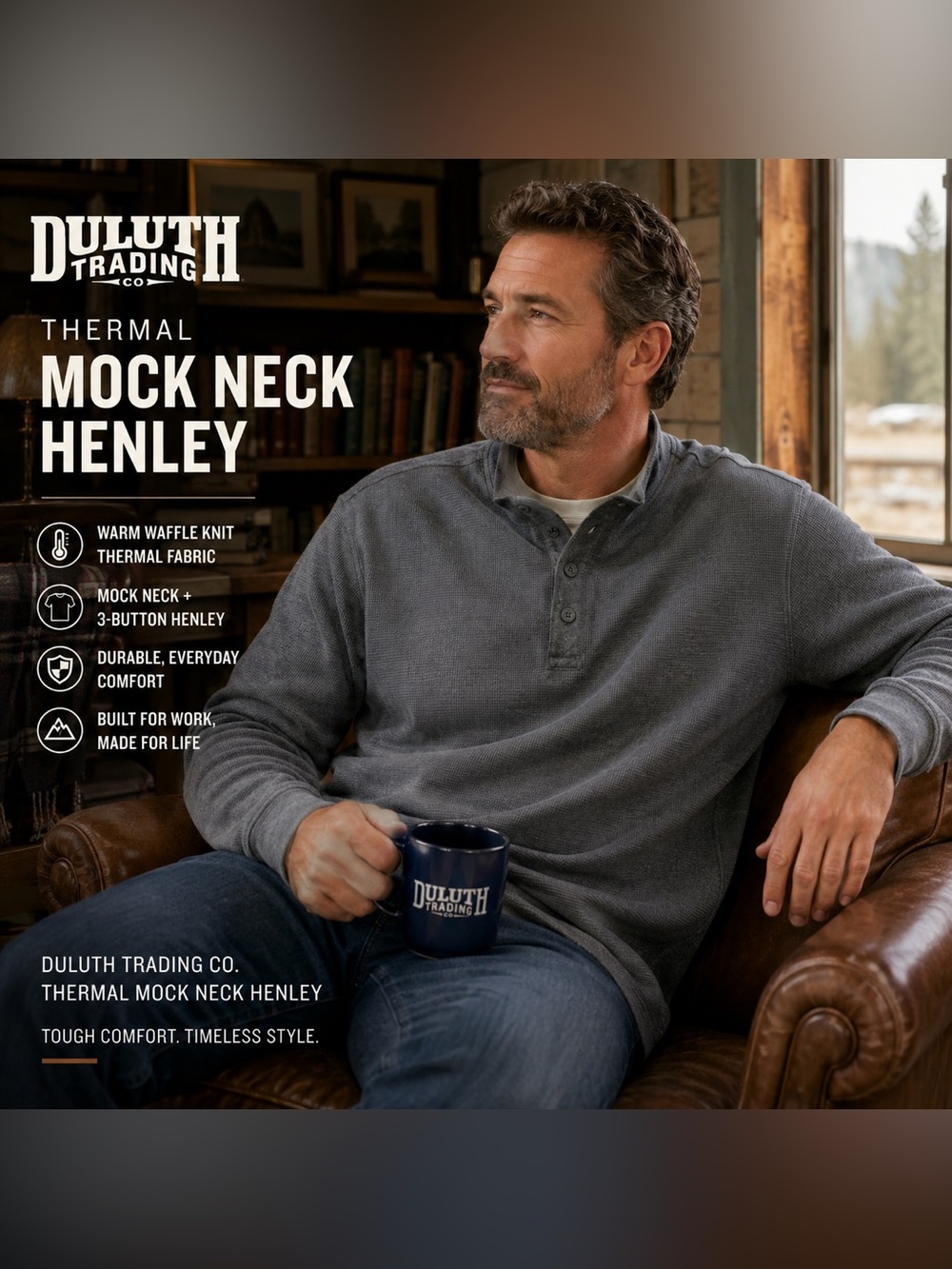 Duluth Trading Co Gray Waffle-Knit Mock Neck Henley Sweater